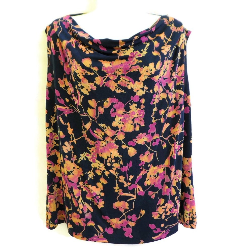 Vintage Jolie Femme USA Draped Neck Floral Top Sleeveless Black Orange Pink XL - Picture 2 of 8